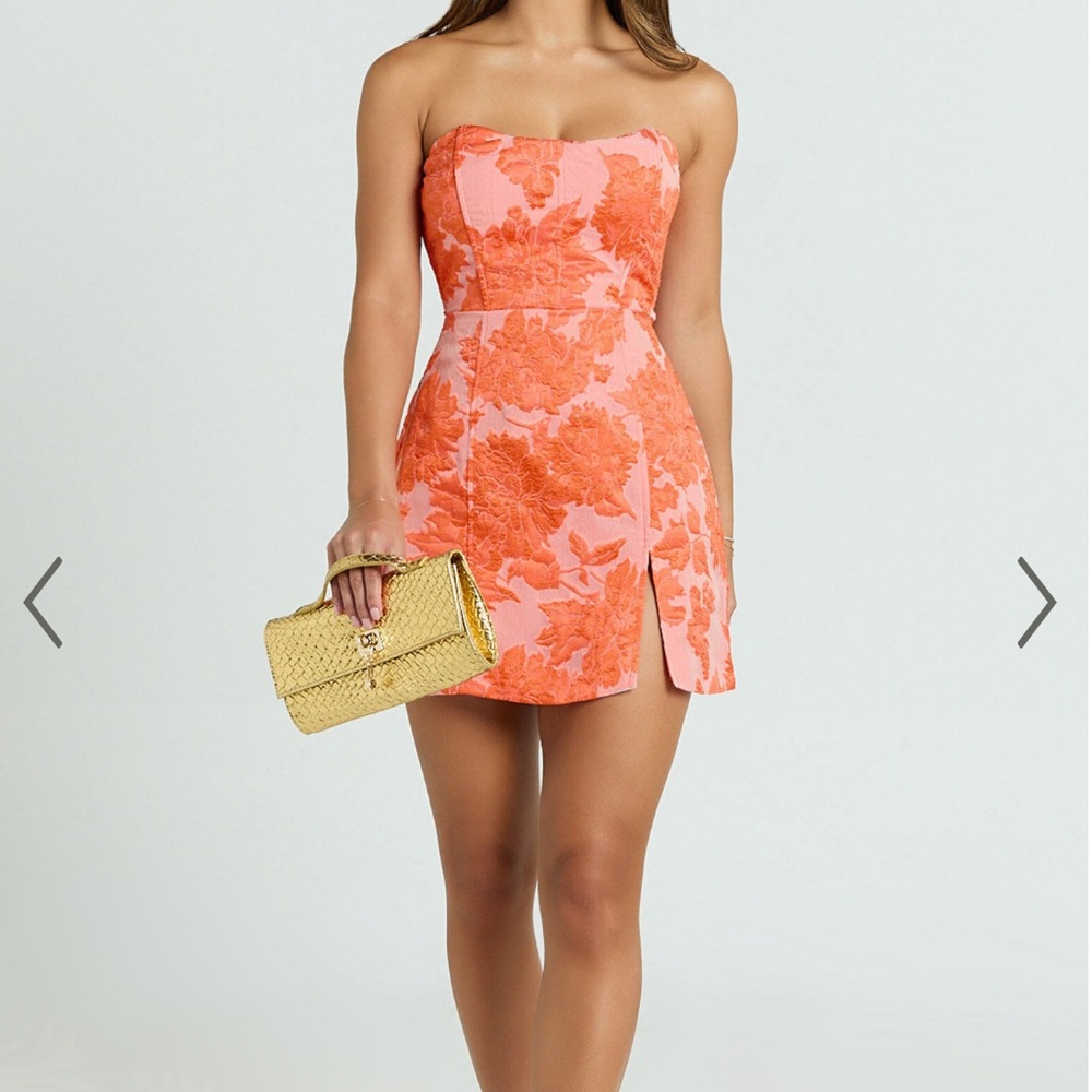 BRAILEY MINI DRESS - STRAPLESS DRESS IN ORANGE JACQUARD